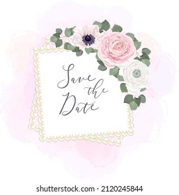 Vector floral frame for wedding design. Pearl frame, white anemones, pink roses, eucalyptus, watercolor background