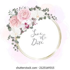 Marco floral vectorial para el diseño de bodas. Orquídea, anémonas blancas, rosas rosas rosas, eucalipto, fondo acuarela