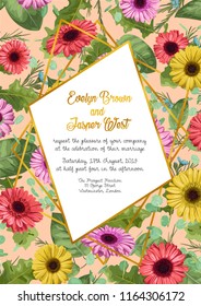 Vector floral frame, wedding invitation card, greeting card, label, banner. Watercolor yellow, red, pink gerbera flowers with eucalyptus leaves and wax flowers with a diamond-shaped border
