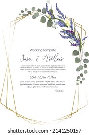 Vector Floral Frame For Wedding Invitation. Delicate Lavender, Eucalyptus, Golden Frames