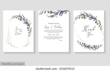 Vector floral frame for wedding invitation. Delicate lavender, eucalyptus, golden frames