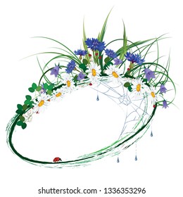 vector floral frame with wild flowers,  strawberry, ladybird, drops and spiderweb