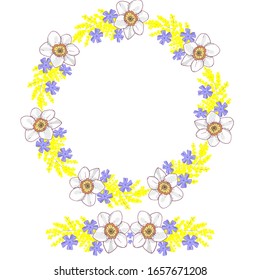 Vector floral frame, a wreath of daffodils and mimosa for creating a greeting card, invitation, March 8, mother's day or birthday. Spring flowers of daffodils, mimosa are beautiful in any decor.