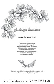 Vector floral frame wreath of ginkgo branches with hand drawn leaves isolated on white. Vintage background for invitations and gift cards with place for your text.