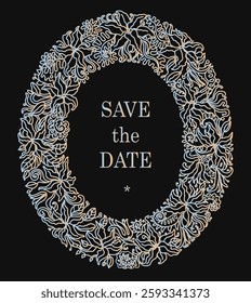 Vector floral frame, wreath from hand drawn contour lines of silver leaves and lily flowers on a black background