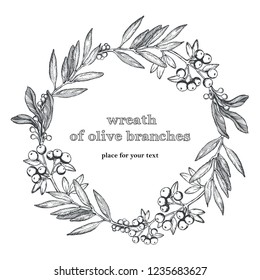 Vector floral frame wreath of olive branches with hand drawn flowers isolated on white. Vintage background for invitations and gift cards.