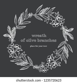Vector floral frame wreath of olive branches with hand drawn flowers isolated on black. Vintage background for invitations and gift cards, wedding invitation with place for your text.