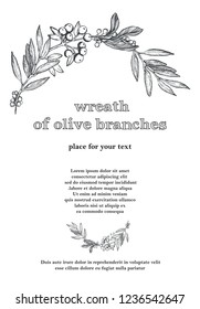 Vector floral frame wreath of olive branches with hand drawn flowers isolated on white. Vintage background for invitations and gift cards with place for text