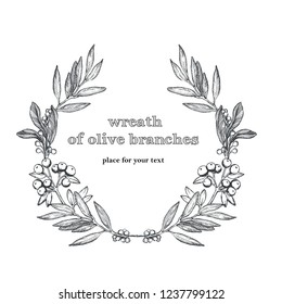 Vector floral frame wreath of olive branches with hand drawn flowers isolated on white. Vintage background for invitations and gift cards with place for your text.