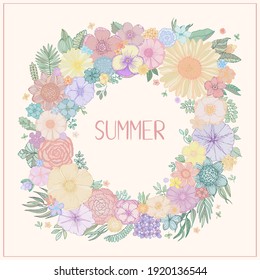 Vector floral frame wreath. Summer flowers in hand draw doodle sketch style. Blooming flowers and herbs illustration.