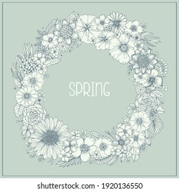 Vector floral frame wreath. Summer flowers in hand draw doodle sketch style. Blooming flowers and herbs illustration.