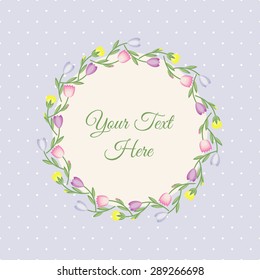 Vector floral frame with yellow, pink, lilac and blue tiny flowers on polka dots background. Cute flower card with space for your text.