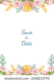 Vector marco floral con rosas amarillas. Para saludos, tarjetas, impresión, para boda, cumpleaños, fondo.
