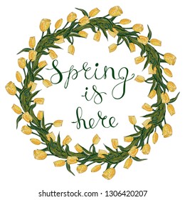 Vector floral frame with yellow tulip on a white background. Card with text "Spring is here"