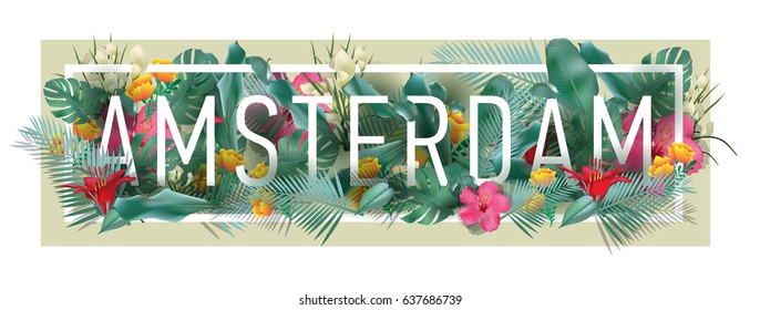 vector floral framed typographic AMSTERDAM city artwork