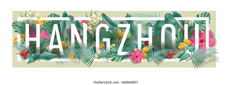 vector floral framed typographic HANGZHOU city artwork