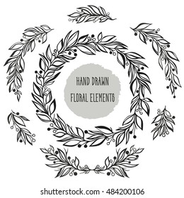 Vector floral frame.Hand drawn collection of trendy cute floral elements in same style. Graphic design elements for wedding cards, prints, decoration, greeting cards and so much more.