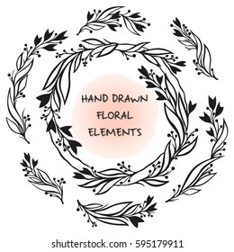 Vector floral frame.Hand drawn collection of trendy cute floral elements in same style. Graphic design elements for wedding cards, prints, decoration, greeting cards and so much more.