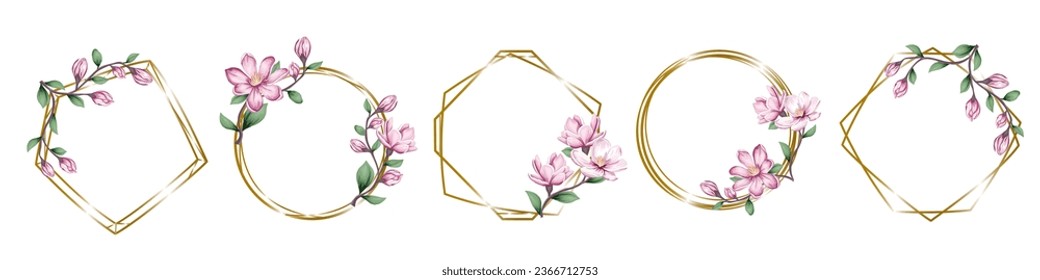 Vector floral frames for cards and invitations. Branches of pink sakura, magnolia. Collection of frames with pink flowers on white background.