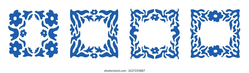 Vector floral frames in simple naive wavy groovy style