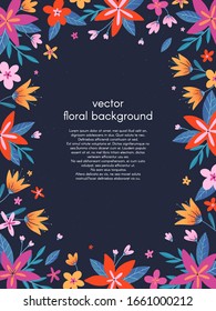 Vector floral frame.Universal illustration with hand drawn leaves,flowers and plants with place for text.Decorative greeting card template,wedding invitation,holiday poster,brochure,cover design