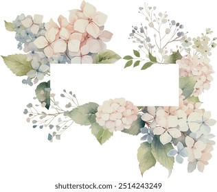 Vector, floral framing, horizontal frame, hydrangea flowers and leaves. Template space for text. Greeting cards, invitation, baby shower, birthday, event, holiday, wedding card, printable