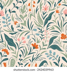 Vector floral garden seamless pattern. delicate  flowers in hand-drawn style. Natural seamless design for fabric or wallpaper. Stylized flora