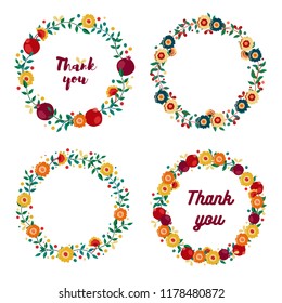 Vector floral and garnet wreath for Invitation, Save the date, Reception, Thank you, birthday, holiday card. Isolated on white backdrop.