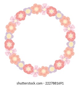 Vector floral gentle frame in pastel colors with space for text. Round wreath of delicate naive flowers and copy space. Template for invitations and postcards