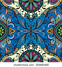 Vector floral and geometric background seamless pattern. Tribal ethnic ornament. Arabic Indian motif, lace fabric texture.