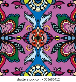 Vector floral and geometric background seamless pattern. Tribal ethnic ornament. Arabic Indian motif, lace fabric texture.