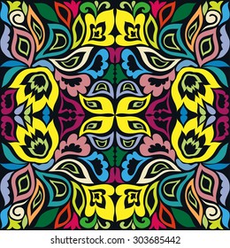 Vector floral and geometric background seamless pattern. Tribal ethnic ornament. Arabic Indian motif, lace fabric texture.