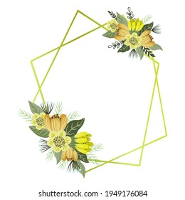 Vector floral geometric frame, cute hand drawn bouquets of flowers with golden geometrical frame, isolated on white