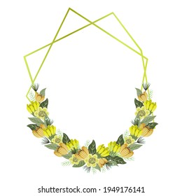 Vector floral geometric frame, cute hand drawn flowers with golden geometrical frame, isolated on white