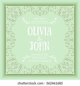 Vector floral and geometric monogram frame on green background. Elegant invitation or wedding card. Design element. 