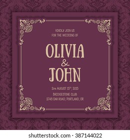 Vector floral and geometric monogram frame on damask background. Elegant invitation or wedding card. Design element. 