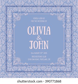 Vector floral and geometric monogram frame on damask background. Elegant invitation or wedding card. Design element. 