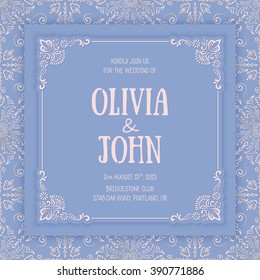 Vector floral and geometric monogram frame on damask background. Elegant invitation or wedding card. Design element. 