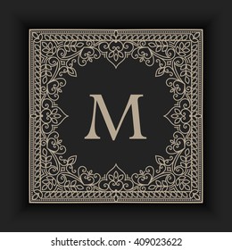 Vector floral and geometric monogram frame on dark gray background. Monogram design element. Vintage styled initial decoration. 