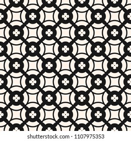 Vector floral geometric seamless pattern in oriental style. Monochrome ornament, abstract background texture with flower shapes, circles, delicate lattice, grid. Repeat design for print, fabric, decor