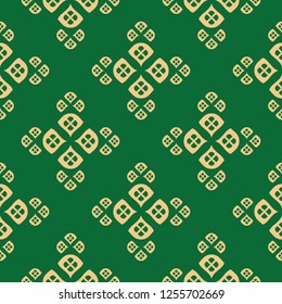 Vector floral geometric seamless pattern. Simple minimal texture with small curved shapes, flower silhouettes, petals, leaves. Abstract background in dark green and beige color. Retro vintage design