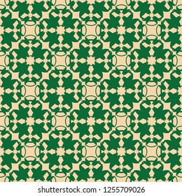 Vector floral geometric seamless pattern. Abstract ornament with flower silhouettes, carved shapes, crosses, repeat tiles. Background texture in dark green and beige colors. Retro vintage style design