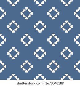Vector floral geometric seamless pattern. Simple minimalist ornament with flower shapes. Stylish minimal background. Elegant abstract texture. Blue and white color. Repeat design for decor, wallpaper