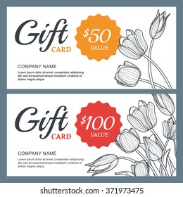 Vector floral gift voucher background template. Vintage outline illustration of tulip flowers. Design concept for floral shop, beauty salon, boutique, flyer, banner, greeting card.