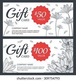 Vector floral gift voucher or card background template. Vintage illustration of lotus, lily flowers. Concept for boutique, jewelry, floral shop, beauty salon, spa, fashion, flyer, banner design.