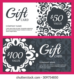 Vector Floral Gift Voucher Or Card Background Template. Vintage Decorative Black And White Illustration. Concept For Boutique, Jewelry, Floral Shop, Fashion, Beauty Salon, Spa, Flyer, Banner Design.