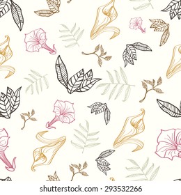 Vector Floral Gold Pink Brown Tropical Drawing Seamless Pattern