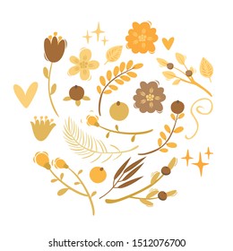 Vector floral golden elements. Folk decorations in doodle style, roses, daisies, berries. wildflowers and forest flowers.