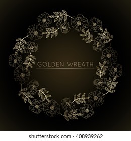 vector floral golden wreath with poppies on dark background