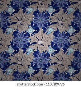 Vector floral gray, black and blue pattern. Seamless cute mille-fleurs texture for fabric, wrapping, printing, textile.